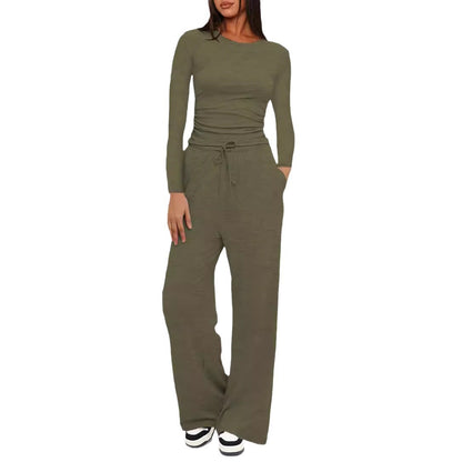 Conjunto de dos piezas formado por camiseta y pantalón de pierna ancha, cintura alta, color liso, informal, sencillo, para mujer