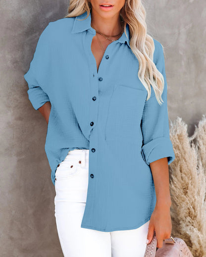 Blusa informal de lino y algodón con botones, cuello en V y manga larga para mujer