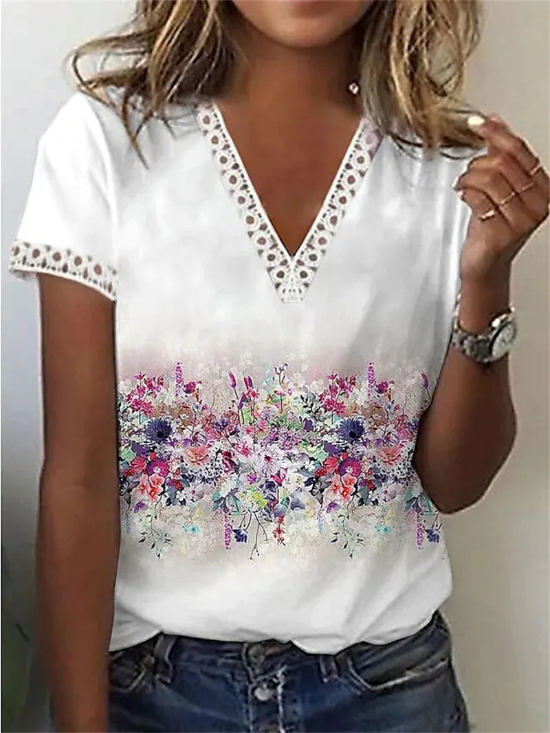 Blusa informal de verano para mujer, con escote en V, encaje, plumas, estampado floral, manga corta