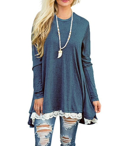 Vestido informal de manga larga con encaje de color liso para mujer