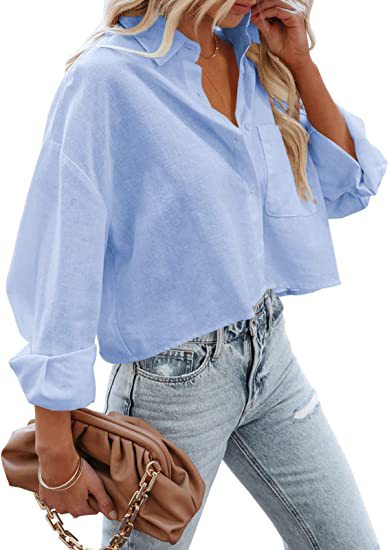 Blusa informal de manga larga con solapa y hebilla de color liso para mujer