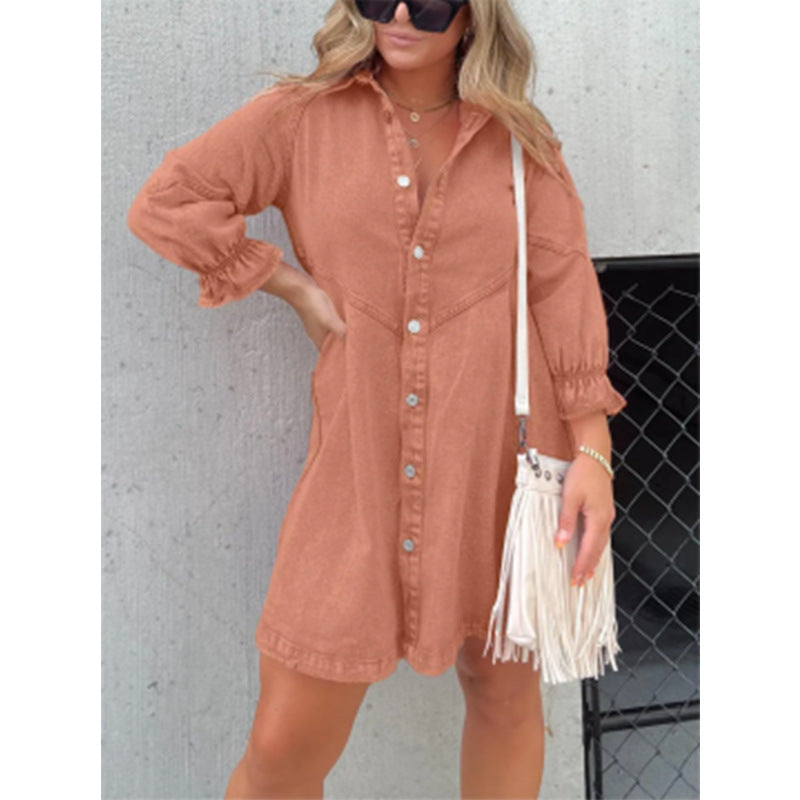 Fashion Casual Women Puff Sleeve Loose Lapel Denim Dress
