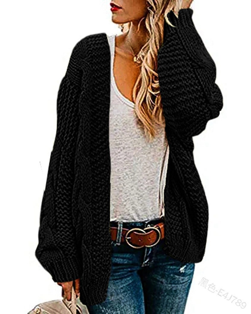 Suéter cárdigan de punto suelto de color sólido de longitud media informal para mujer de moda de invierno y otoño