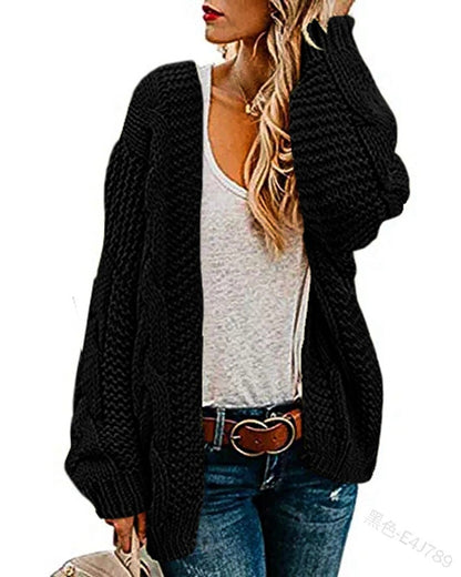 Suéter cárdigan de punto suelto de color sólido de longitud media informal para mujer de moda de invierno y otoño