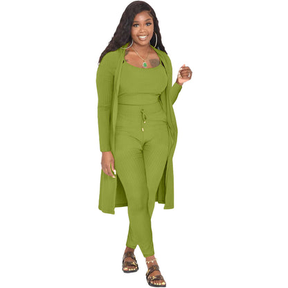 Fashion Women Casual Solid Color Rib-Knit Cardigan Camis And Skinny Pants Three Piece Set