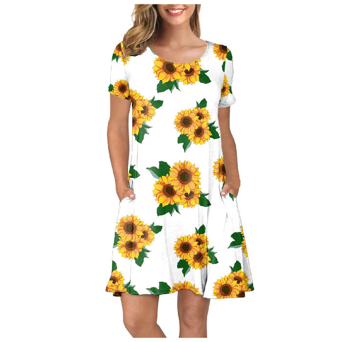 Crewneck Floral Sunflower Printed Women Casual Short Sleeve Pocket Dress