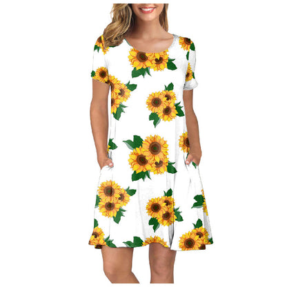 Crewneck Floral Sunflower Printed Women Casual Short Sleeve Pocket Dress