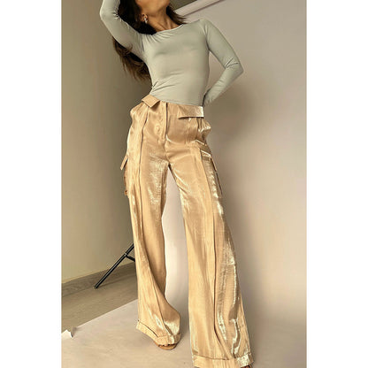 Pantalones casuales sueltos de color sólido con cremallera para mujer
