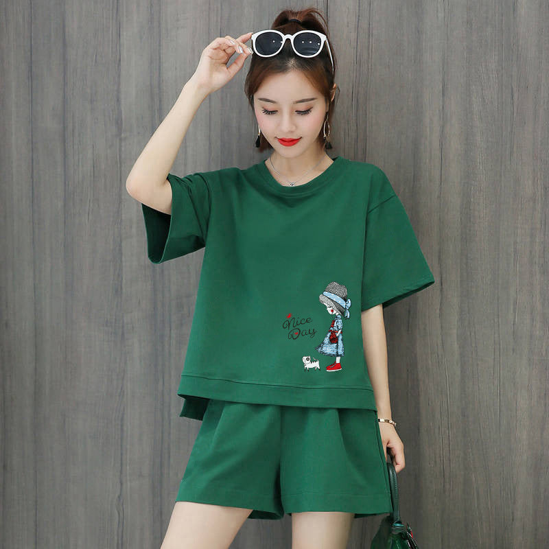 Conjunto de 2 piezas de camiseta de manga corta con cuello redondo, pantalones cortos y cintura definida, estampado de color liso y holgado para mujer