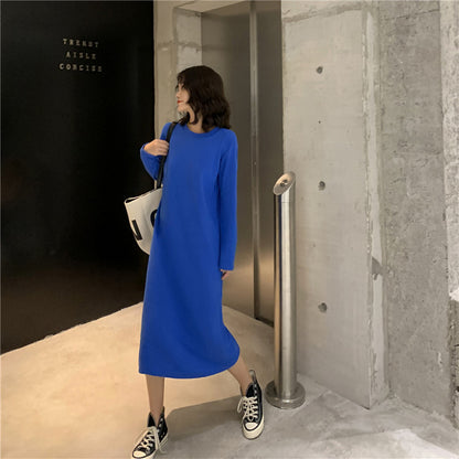 Women Fashion Casual Solid Color Loose Round Neck Long Sleeve Dress