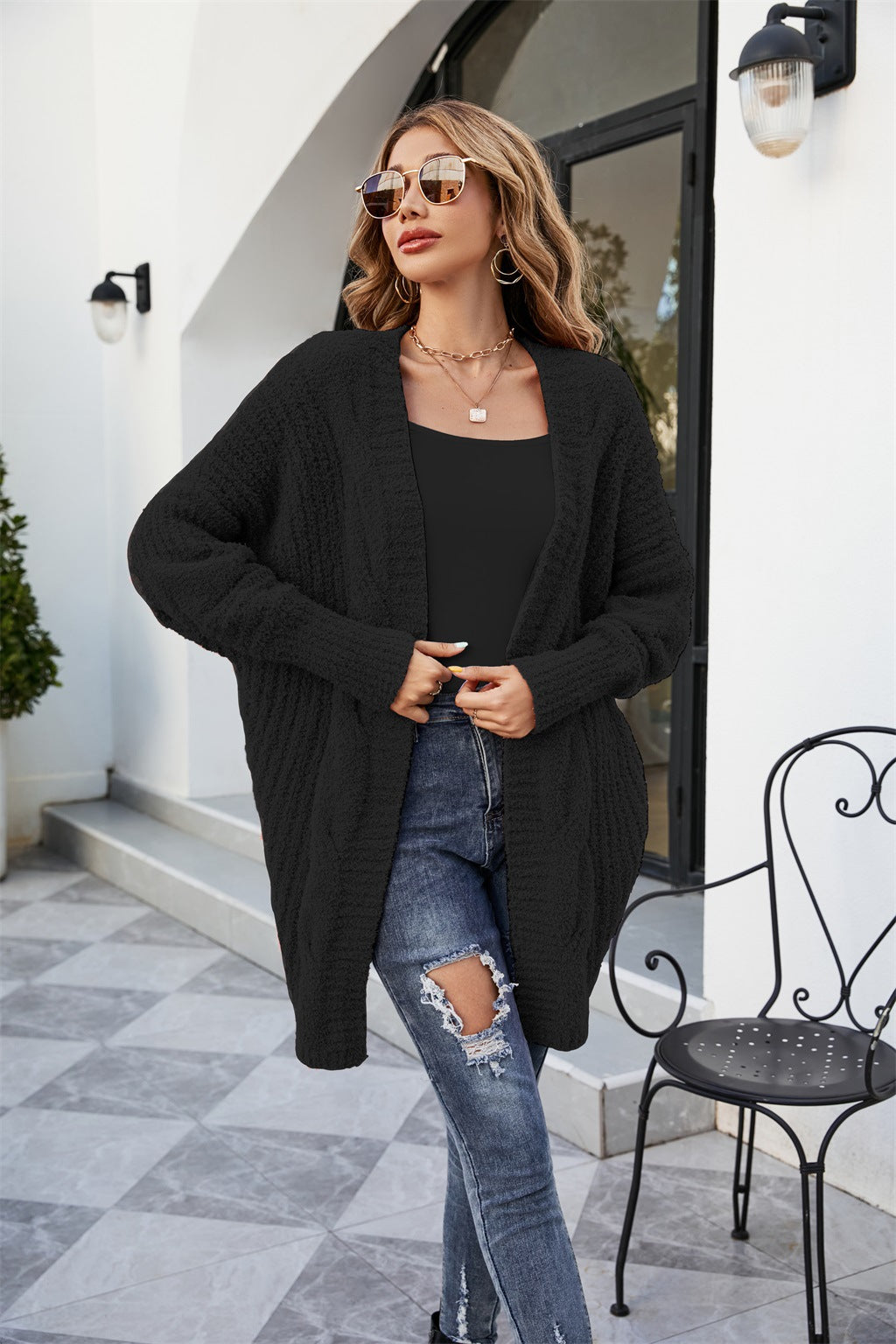Cárdigan de punto de felpa de manga larga de color liso informal de invierno para mujer