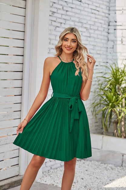 Women Casual Elegant Style Chiffon Halter Neck Lace-Up Sleeveless Pleated Dress