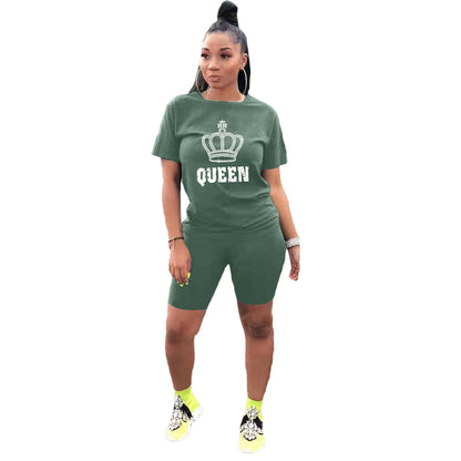 Conjunto deportivo informal de dos piezas para mujer: camiseta de manga corta con cuello redondo y pantalones cortos de color liso