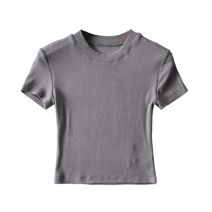 Camiseta informal de verano para mujer, color liso, cuello redondo, manga corta, sin mangas