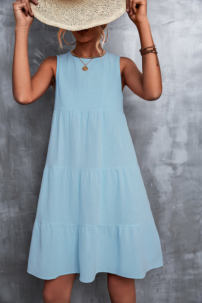 Women Spring And Summer Casual Basic Round Neck Loose Big Swing Dress