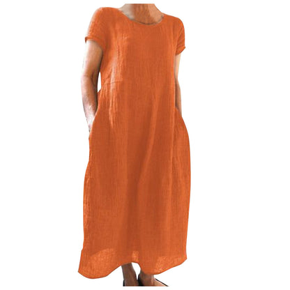 Women Solid Color Casual Loose Cotton And Linen Dress