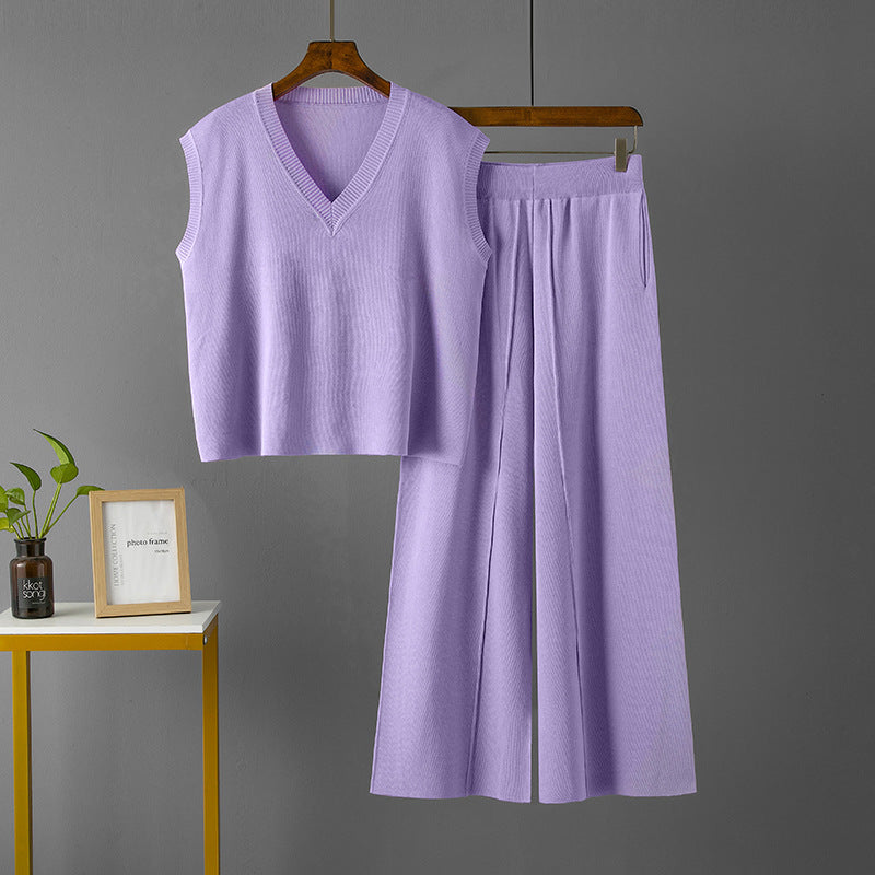 Conjunto de dos piezas para mujer, informal, de color sólido, con escote en V, suelto, sin mangas, de punto, cintura alta, pantalones de pierna ancha con abertura