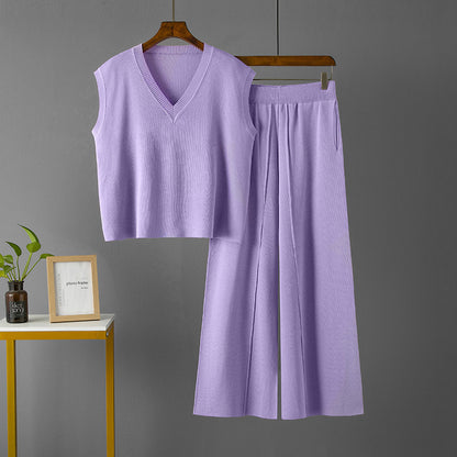 Conjunto de dos piezas para mujer, informal, de color sólido, con escote en V, suelto, sin mangas, de punto, cintura alta, pantalones de pierna ancha con abertura
