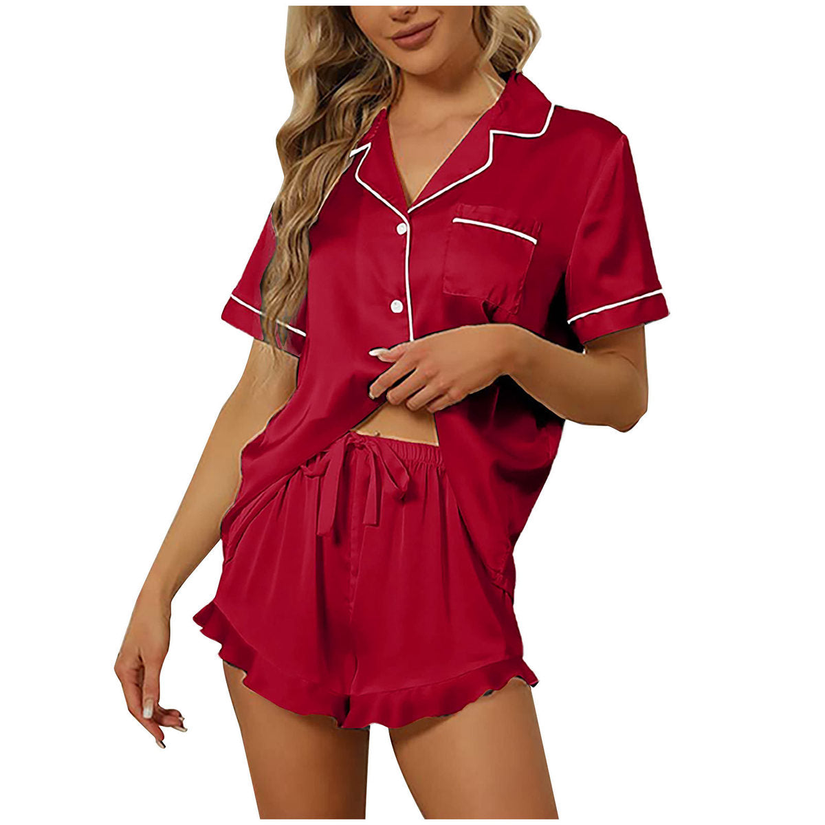 Conjunto de pijama de dos piezas para mujer, informal, de satén de seda, con mangas cortas y cuello en V, pantalones cortos con volantes