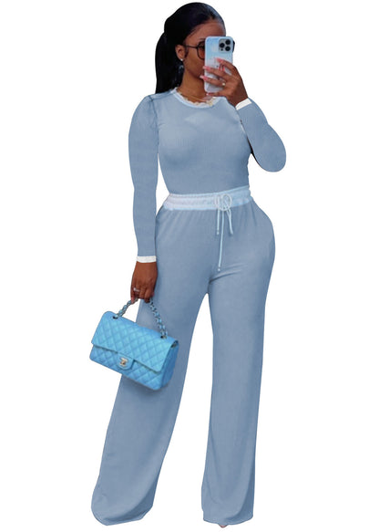 Conjunto de dos piezas informal de mujer para uso diario, con cuello redondo, manga larga y pantalón de punto acanalado en contraste de color