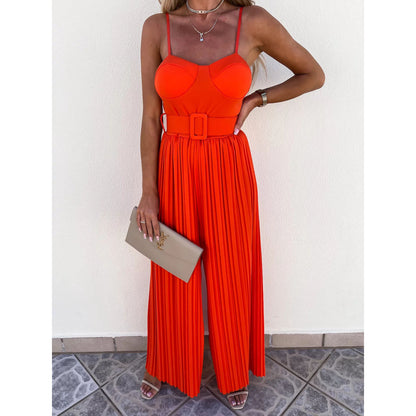 Women Summer Sexy Sling Pleated Casual Vacation Solid Color Jumpsuits