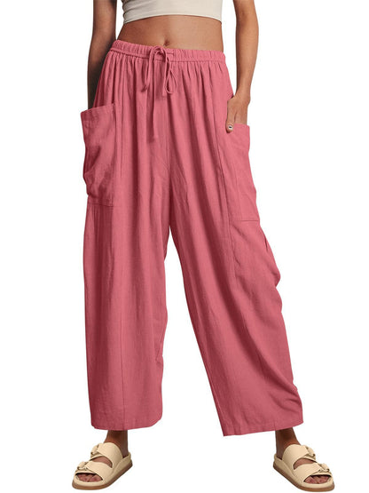 Pantalones anchos de cintura alta de lino y algodón para mujer