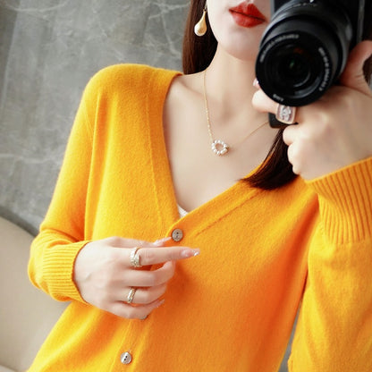 Chaqueta de punto con cuello en V informal de manga larga para mujer