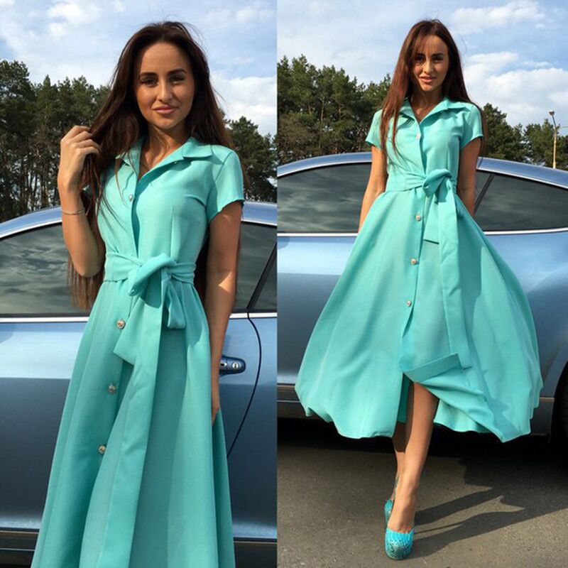 Women Casual Elegant Solid Color Short Sleeve Lapel Buttoned Midi Dress