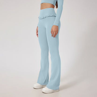 Women Fashion Casual Solid Color Lace Edge High Waist Yoga Sports Pants
