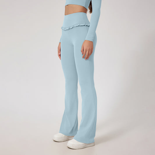 Pantalones deportivos de yoga de cintura alta con borde de encaje de color sólido a la moda para mujer