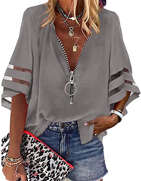 Blusa informal de mujer con cuello en V, media cremallera y mangas acampanadas