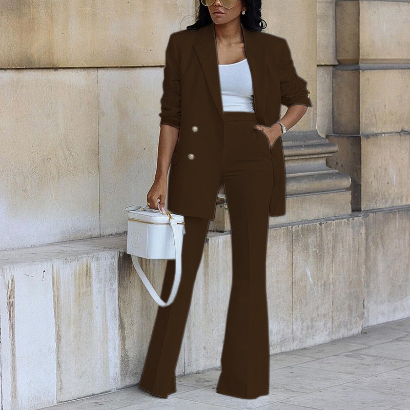 Traje de dos piezas con blazer informal de color liso y pantalones anchos para mujer