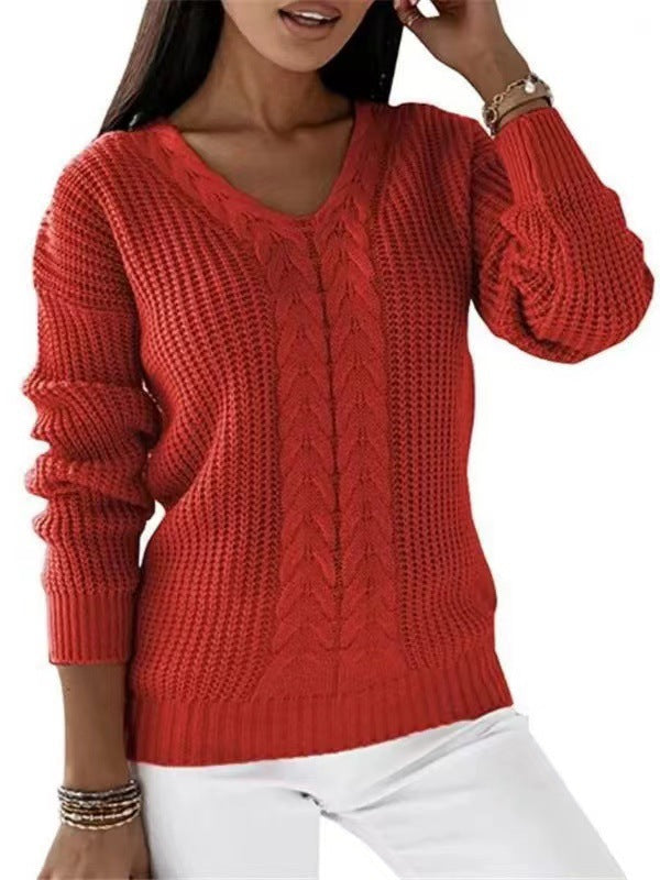 Women Fashion Casual V-Neck Long Sleeve Solid Color Knitted Sweater