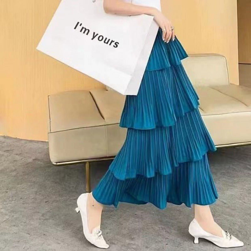 Women Fashion Casual Solid Color Ruffle Chiffon High Waist Skirt