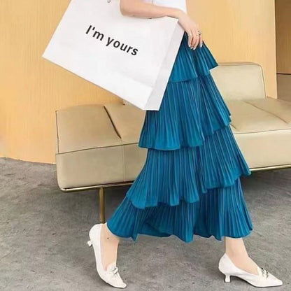 Women Fashion Casual Solid Color Ruffle Chiffon High Waist Skirt