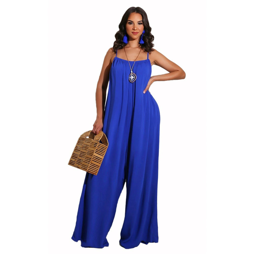 Women Fashion Casual Solid Color Spaghetti Strap Loose Jumpsuits