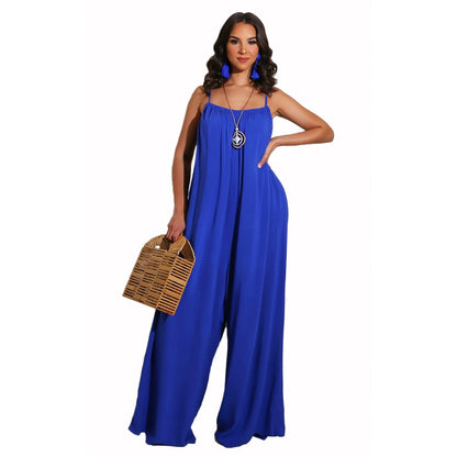 Women Fashion Casual Solid Color Spaghetti Strap Loose Jumpsuits
