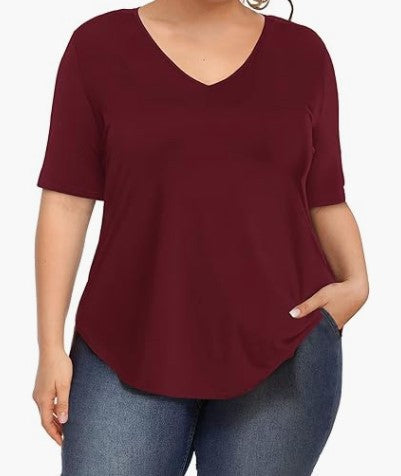 Summer Women Casual Plus Size Solid Color V-Neck Short-Sleeved T-Shirt