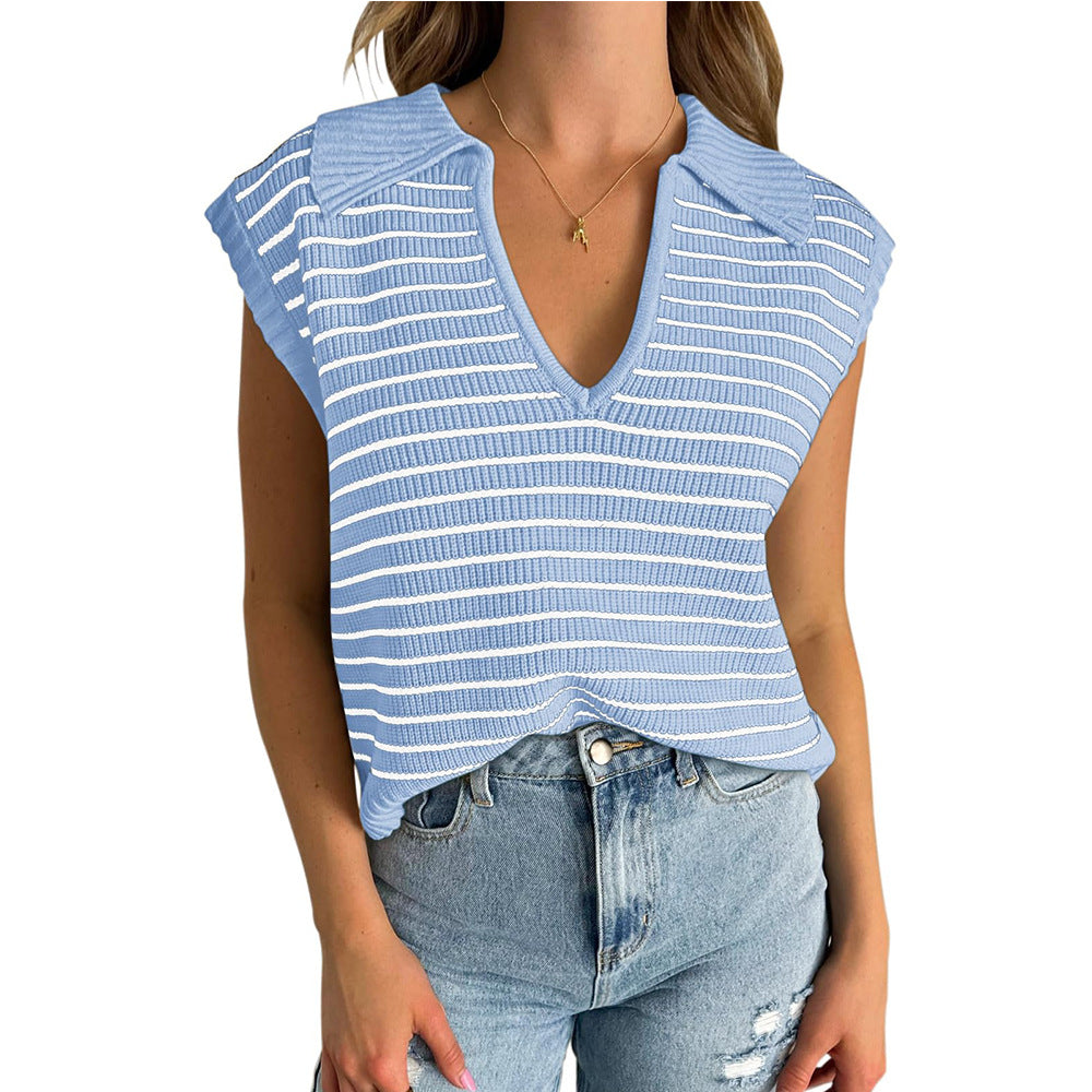 Women Fashion Casual Stripe Lapel V-Neck Sleeveless Knitted Sweater
