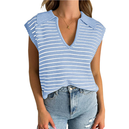 Women Fashion Casual Stripe Lapel V-Neck Sleeveless Knitted Sweater