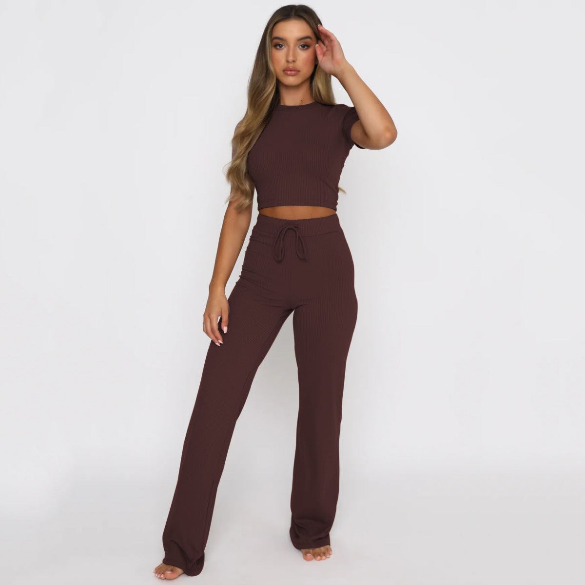 Conjunto de dos piezas de moda informal para mujer, color sólido, elástico, moldeador de cuerpo, manga corta, pantalones anchos
