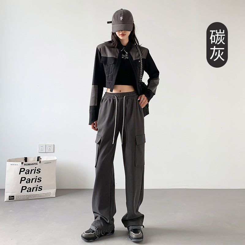 Women Fashion Casual High Waist Loose Harlan Straight Cargo Pants