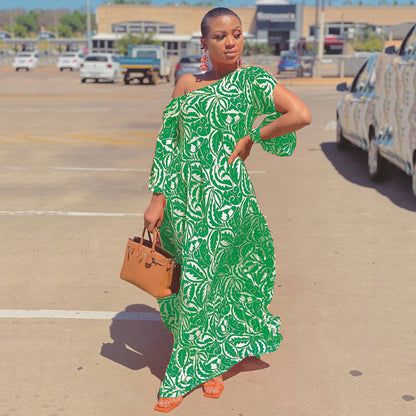 Summer Women Fashion Casual Oblique Shoulder Geometric Print Loose Maxi Dress