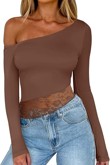Camiseta informal de manga larga con hombros descubiertos y encaje de color liso para mujer