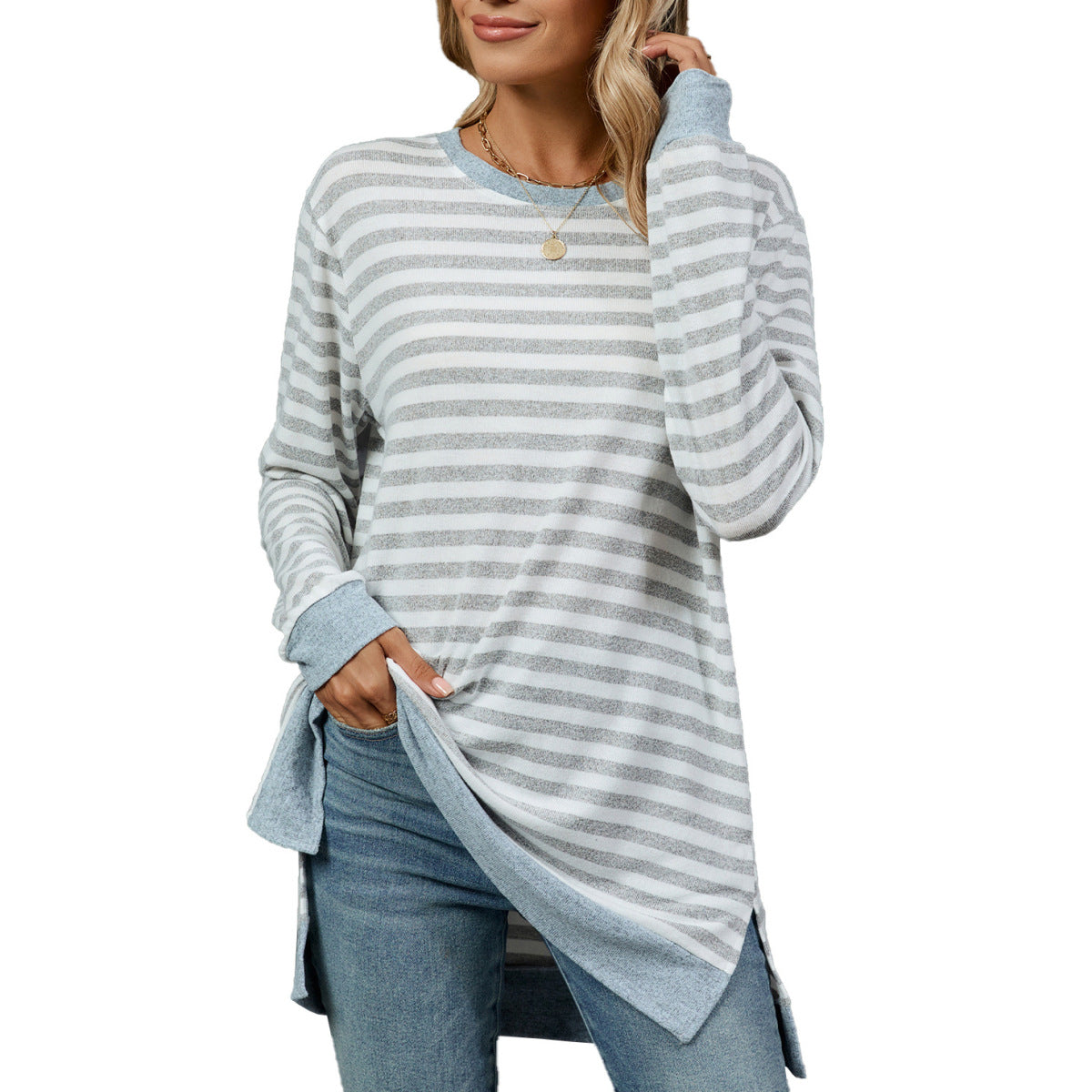 Camiseta informal de manga larga con cuello redondo y rayas para mujer