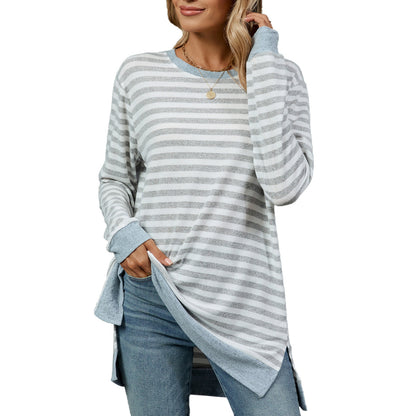 Camiseta informal de manga larga con cuello redondo y rayas para mujer