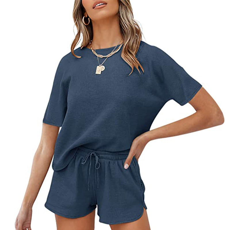 Women Solid Color Casual Homewear Short Sleeve Blouse And Shorts Set
