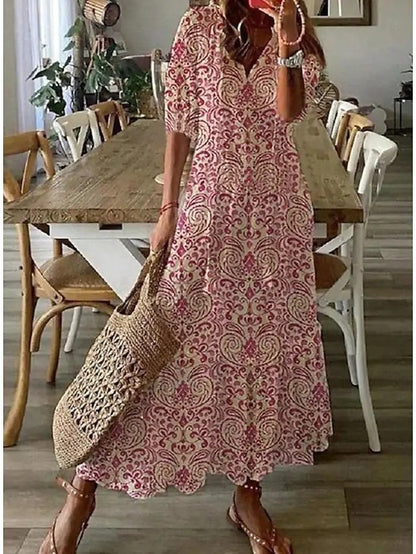 Women Casual Loose V Neck Floral Maxi Dress