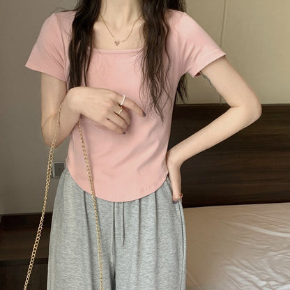 Camiseta informal de manga corta con cuello en U y color liso para mujer
