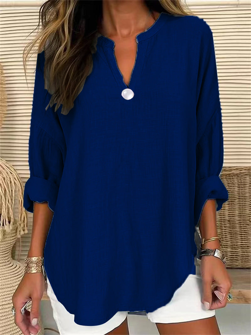 Blusa holgada informal de color liso con escote en V y un botón para mujer